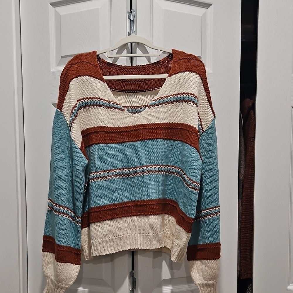 3/$15 Striped V-Neck Sweater - Blue, Brown, and Cream
